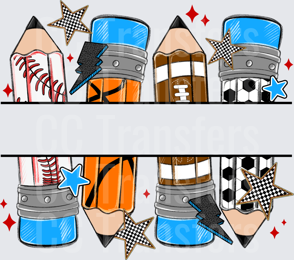 Sports Pencils Split Name Frame with Stars (DTF)