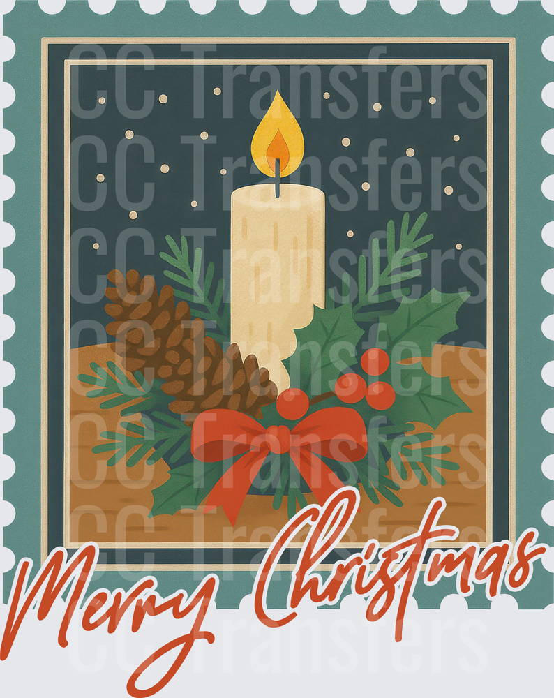 Merry Christmas Vintage Postage Stamp Candle Holly (DTF)