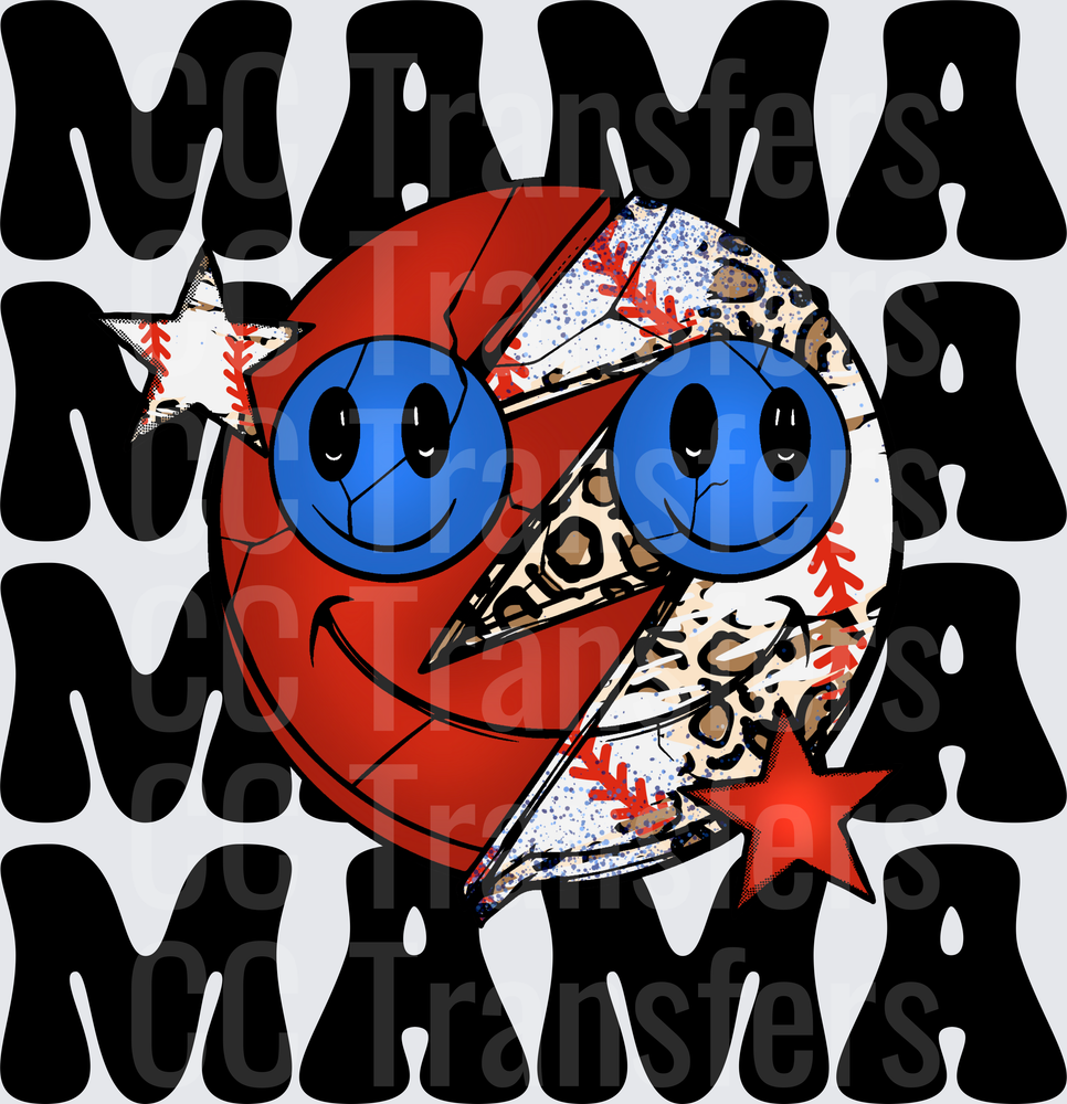 Mama Retro Baseball Smiley Face Leopard Lightning Bolt (DTF)