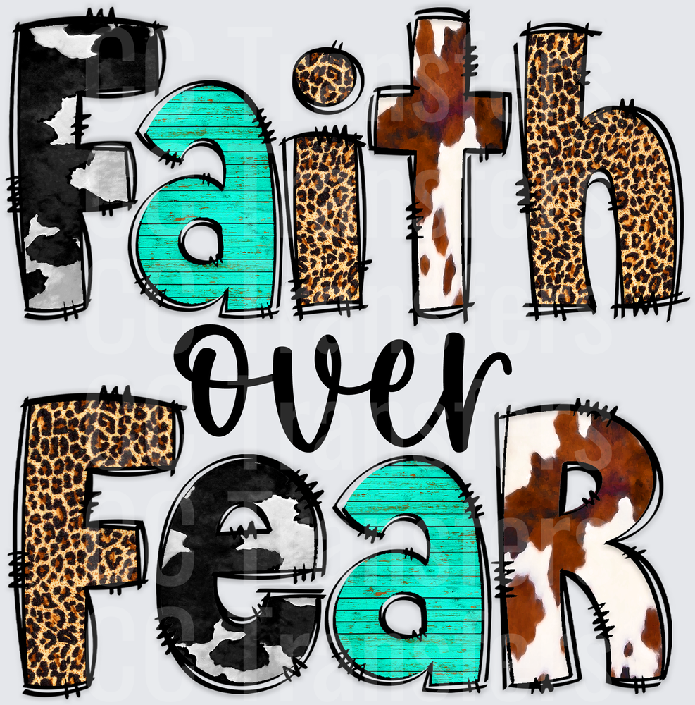 Faith Over Fear Western Leopard Cowhide Turquoise Letters (DTF)