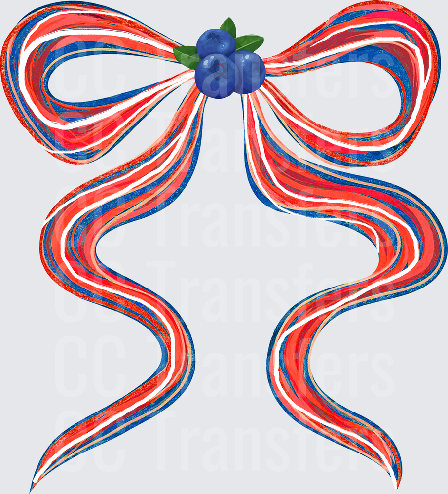 Patriotic Red White Blue Ribbon Bow with Blueberries (DTF)
