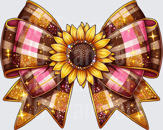 Glitter Plaid Bow with Sunflower Center (DTF)