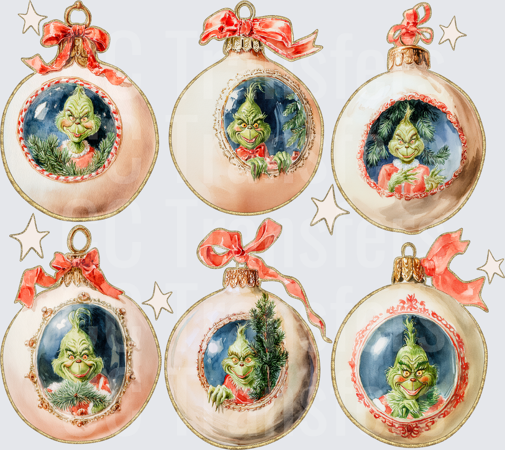 Watercolor Christmas Ornaments Grumpy Green Character Set (DTF)