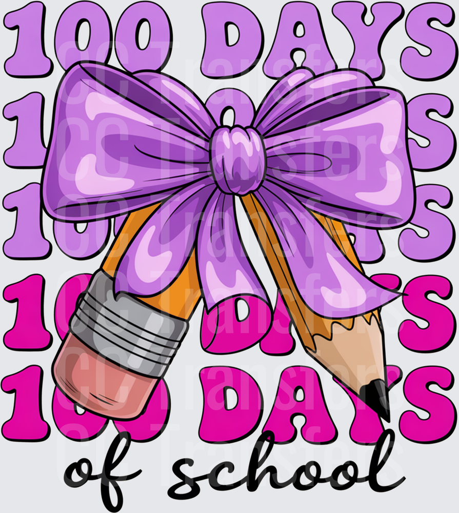 100 Days of School Pencils Purple Bow Retro Stacked (DTF)