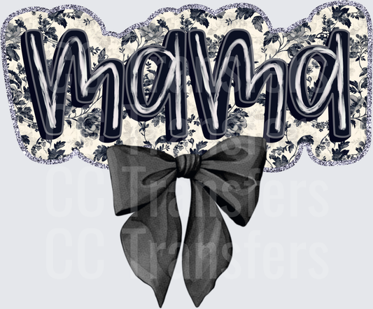 Mama Navy Floral Glitter Bow Script Design (DTF)