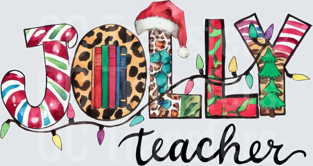 Jolly Teacher Christmas Lights Holiday Leopard Letters (DTF)
