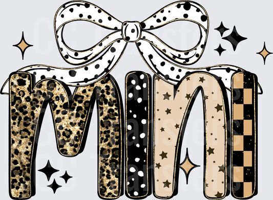 Mimi Mixed Pattern Letters Polka Dot Bow Sparkles (DTF)