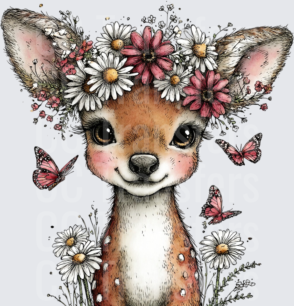 Cute Baby Deer Floral Crown Daisies Pink Butterflies (DTF)