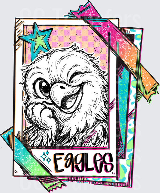 Retro Polaroid Eagles Mascot Sketch Neon Card Stack (DTF)