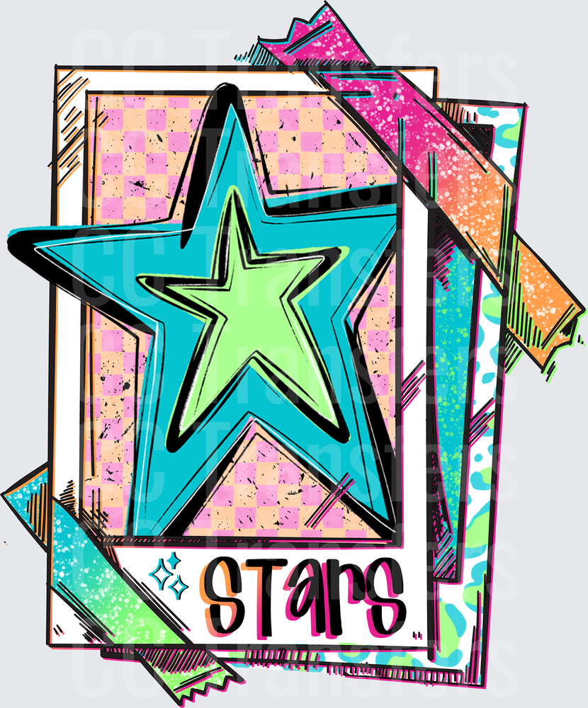 Retro Neon Stars Layered Collage Checkerboard Design (DTF)