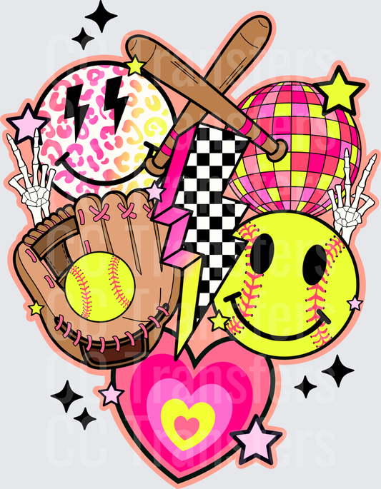 Retro Pink Softball Smiley Glove Bat Disco Collage (DTF)
