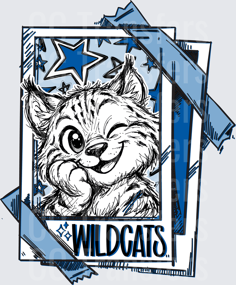 Wildcats Cartoon Wildcat Mascot Blue Stars Sketch (DTF)