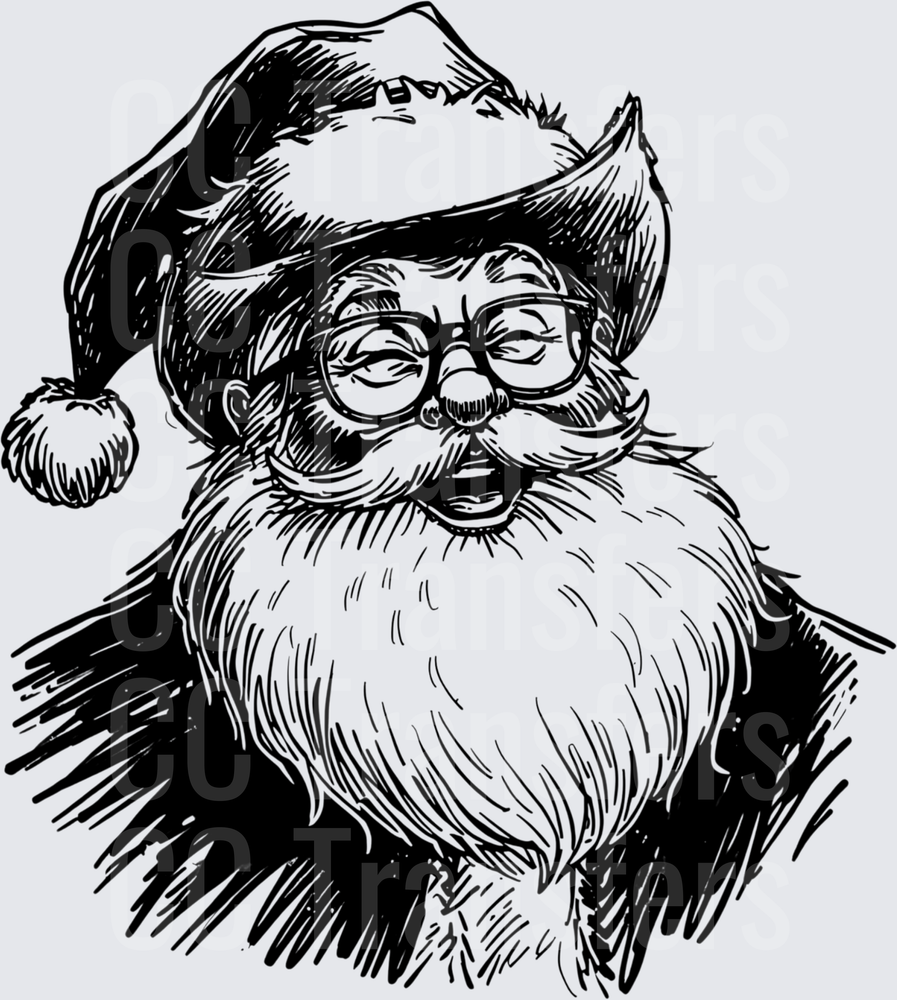 Laughing Santa Claus With Glasses Black Ink Sketch (DTF)