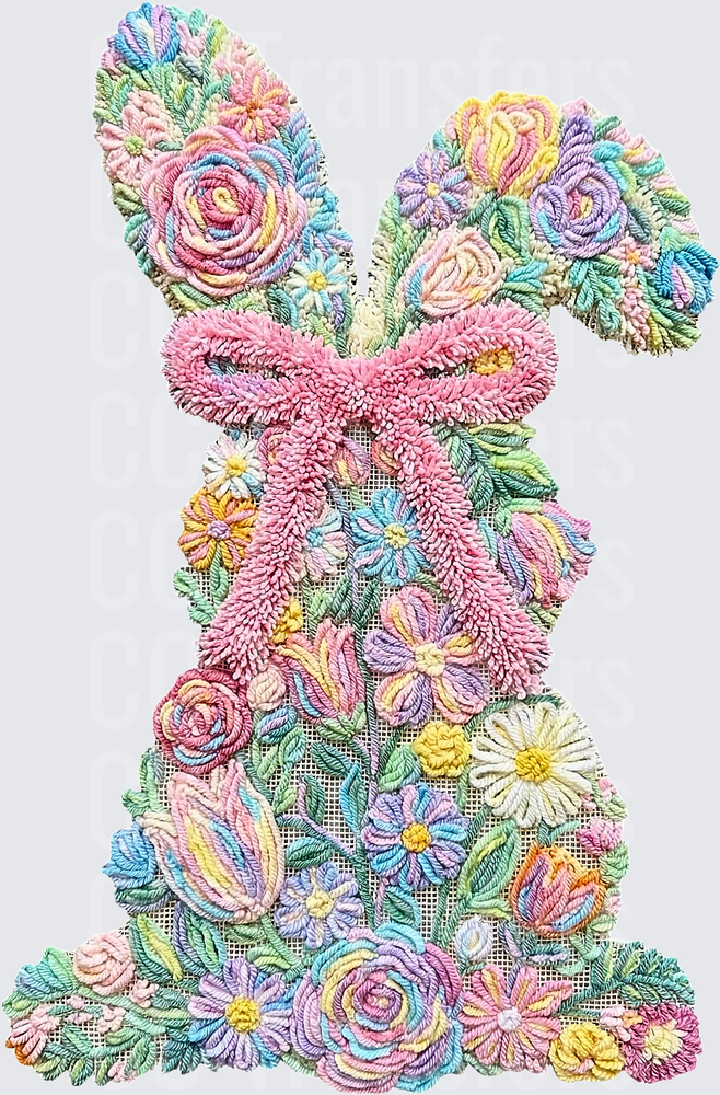 Floral Embroidery Easter Bunny with Pink Bow (DTF)
