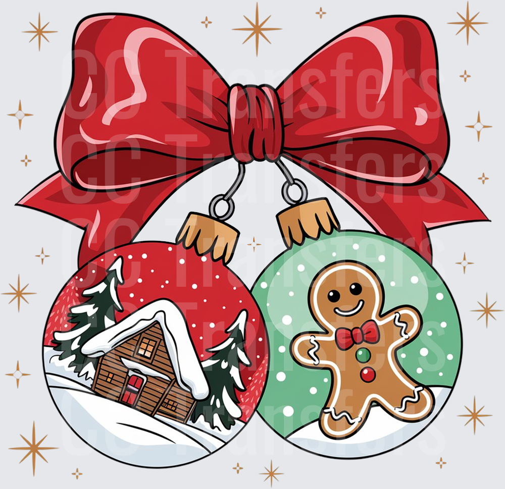 Christmas Ornaments Red Bow Snowy Cabin Gingerbread Man (DTF)