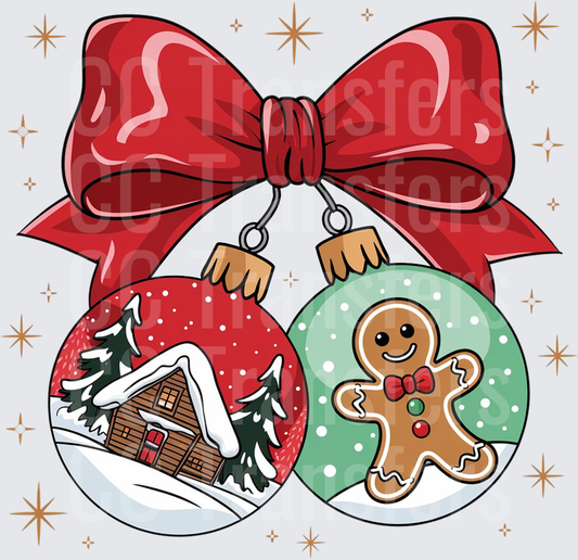 Christmas Ornaments Red Bow Snowy Cabin Gingerbread Man (DTF)