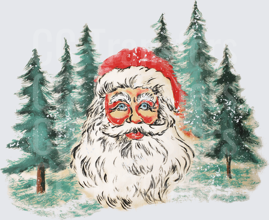 Vintage Santa Face Snowy Pine Forest Scene (DTF)