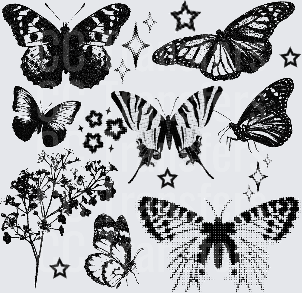 Black & White Butterfly Collage with Stars and Floral (DTF)