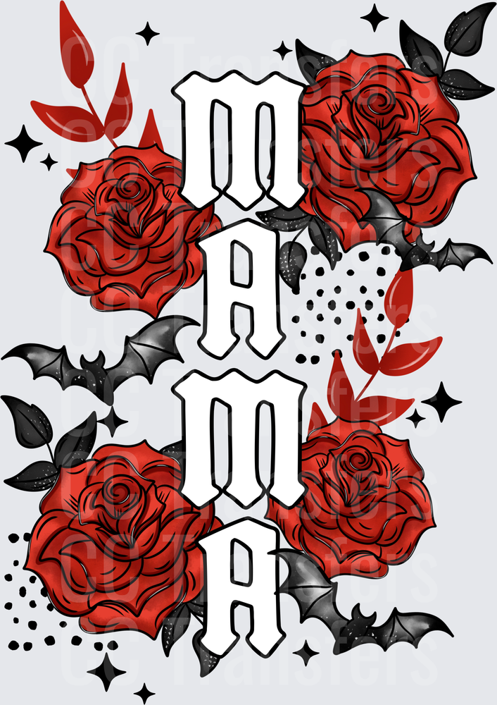Goth Mama Bold Letter Red Roses Bats Sparkles (DTF)