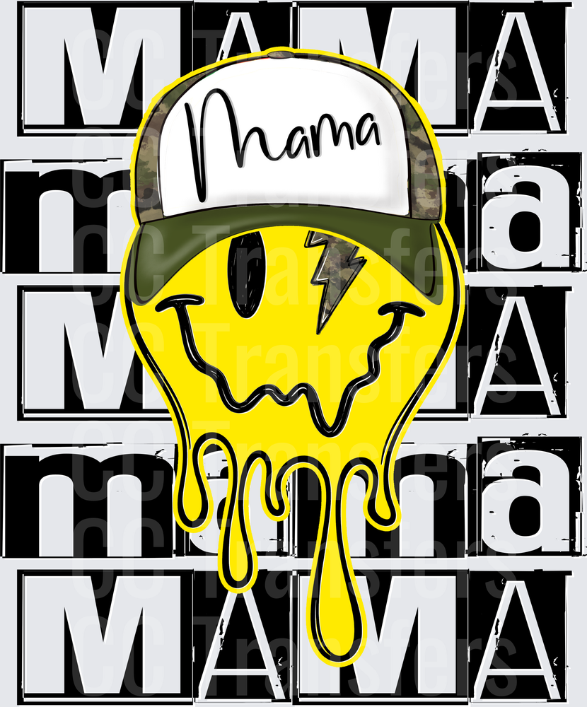 Mama Melting Smiley Face Camo Trucker Hat Lightning (DTF)