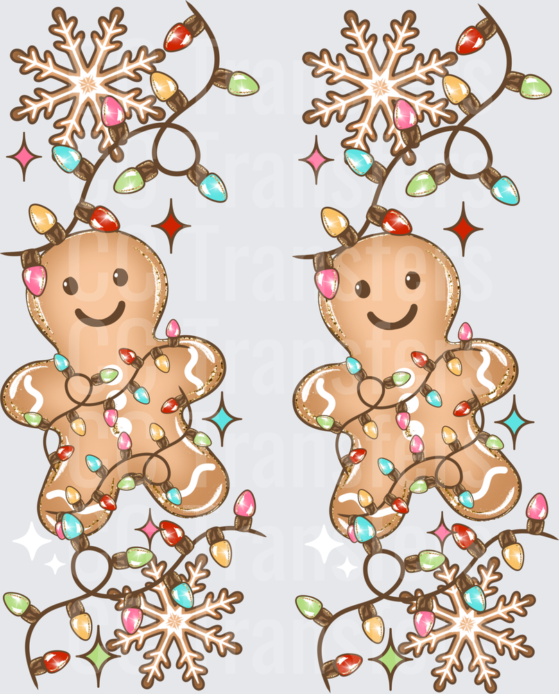Cute Gingerbread Man Wrapped in Christmas Lights Snowflakes (DTF)