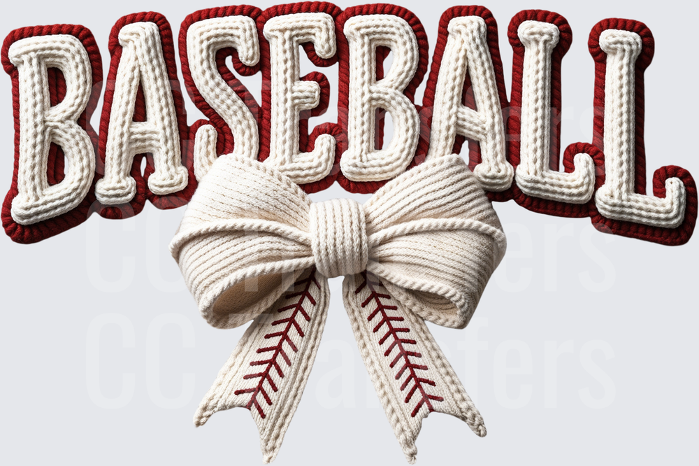 Crochet Knit Baseball Word Art with Bow (DTF)