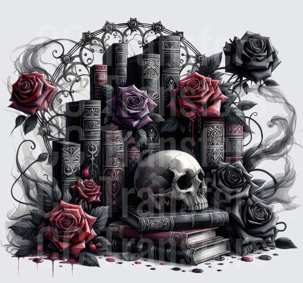 Gothic Skull Ancient Books Red Black Roses Blood Drips (DTF)