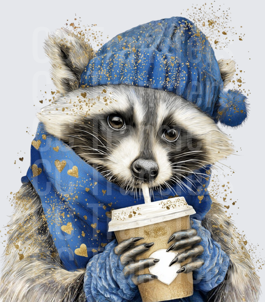 Cozy Raccoon Blue Beanie Scarf Gold Hearts Coffee Cup (DTF)