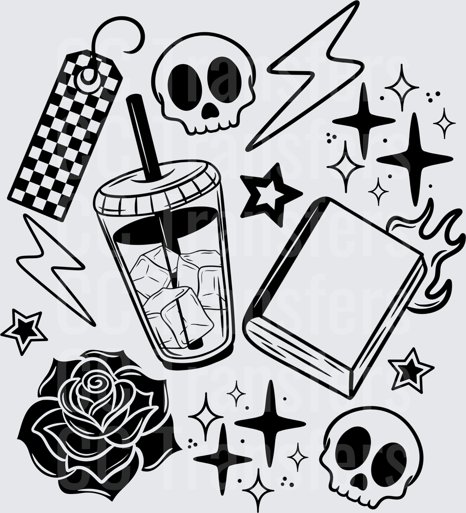 Goth Doodle Collage Skulls Rose Iced Coffee Book (DTF)