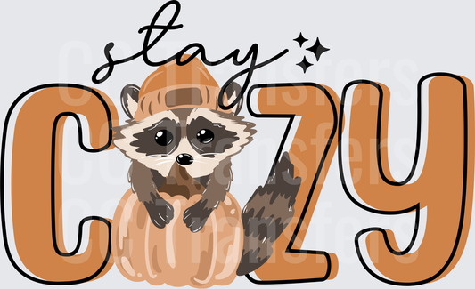 Stay Cozy Cute Raccoon with Beanie Hat on Pumpkin (DTF)