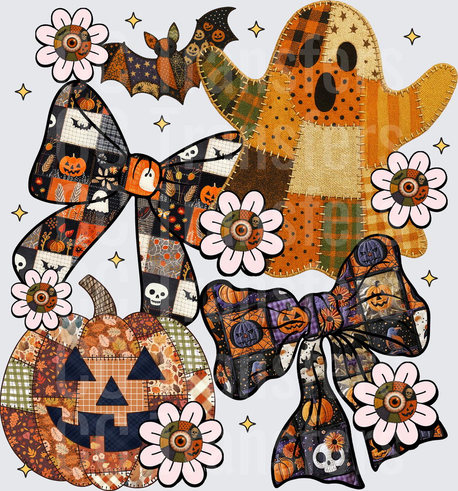 Patchwork Quilt Halloween Ghost Pumpkin Bat Bow Collage (DTF)