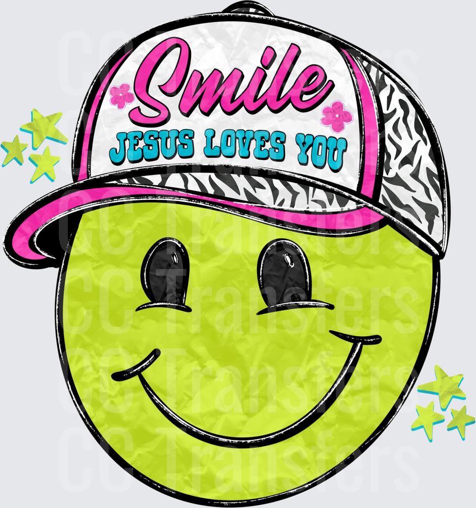 Smile Jesus Loves You Smiley Face Zebra Print Cap DTF