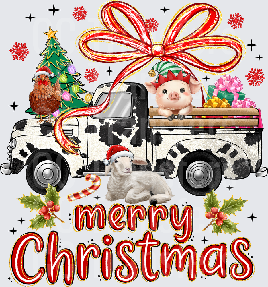 Merry Christmas Farm Animals Cow Print Truck Holiday (DTF)