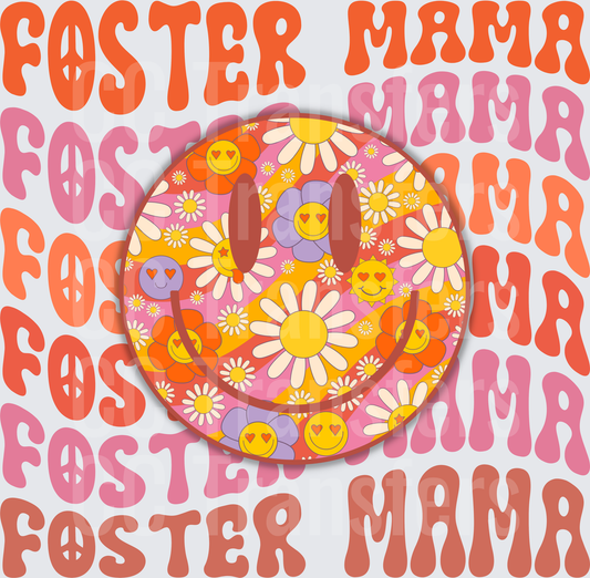 Foster Mama Retro Groovy Smiley Face Floral Pattern (DTF)