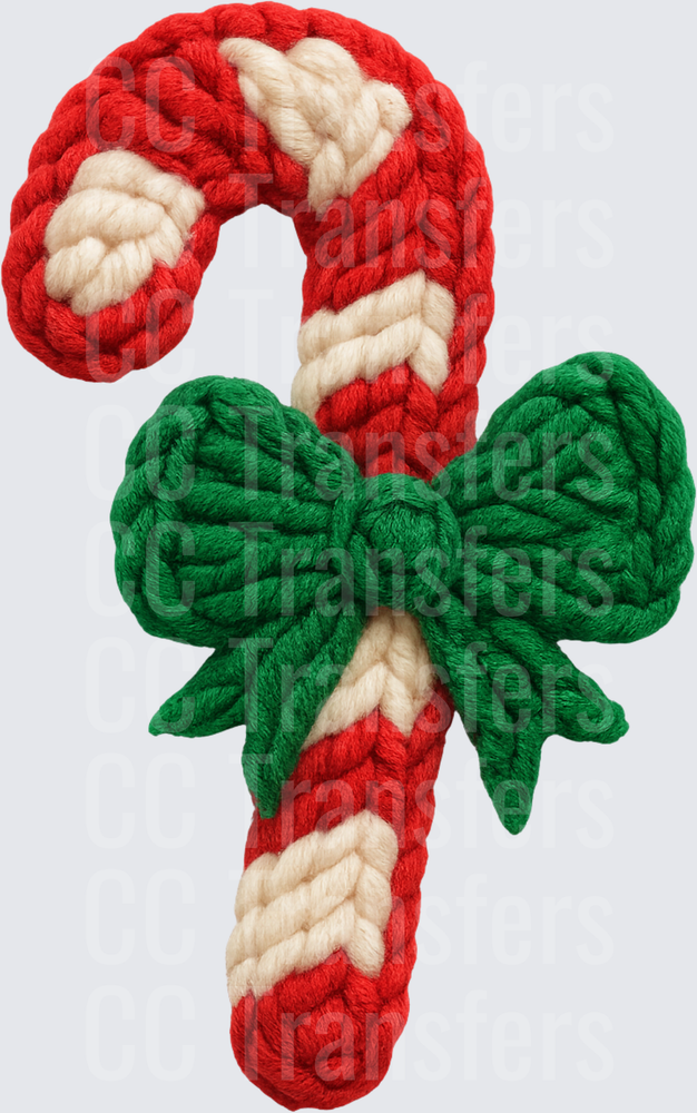 Rope Knit Christmas Candy Cane with Green Bow (DTF)