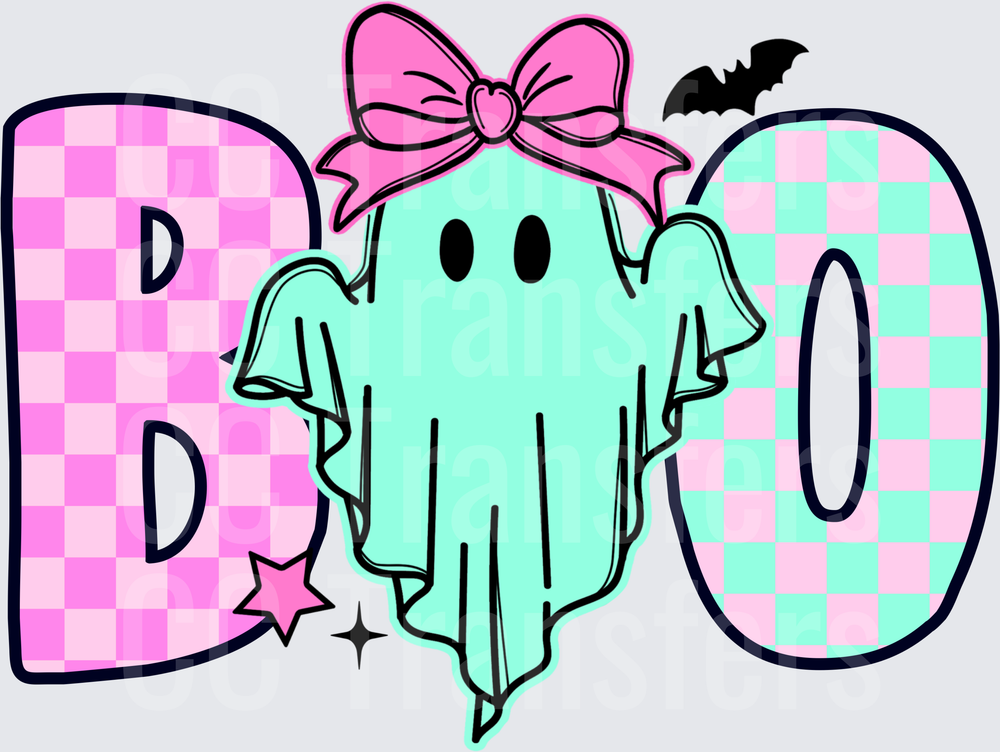 Cute Ghost Pink Bow Boo Halloween Checkered Design (DTF)