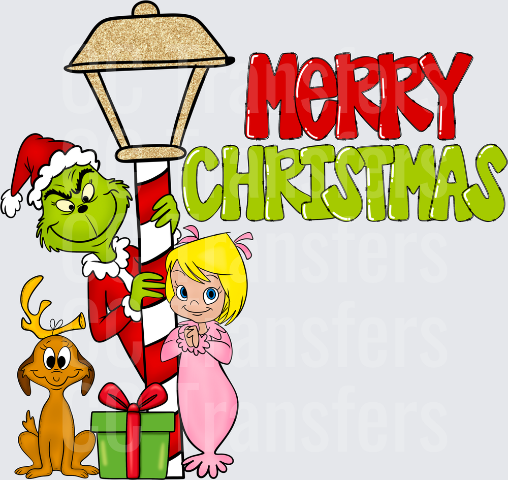 Merry Christmas Grumpy Green Guy Cindy Dog Lamp Post DTF