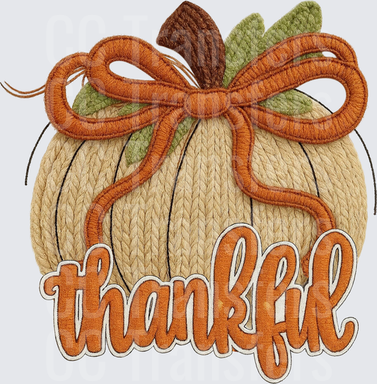 Thankful Embroidered Pumpkin with Bow Fall Design (DTF)