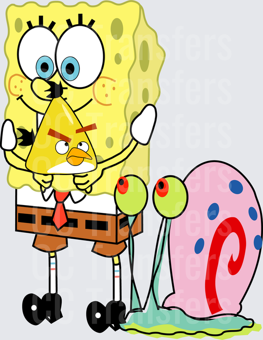 Sponge Character Holding Yellow Bird with Pet Snail (DTF)