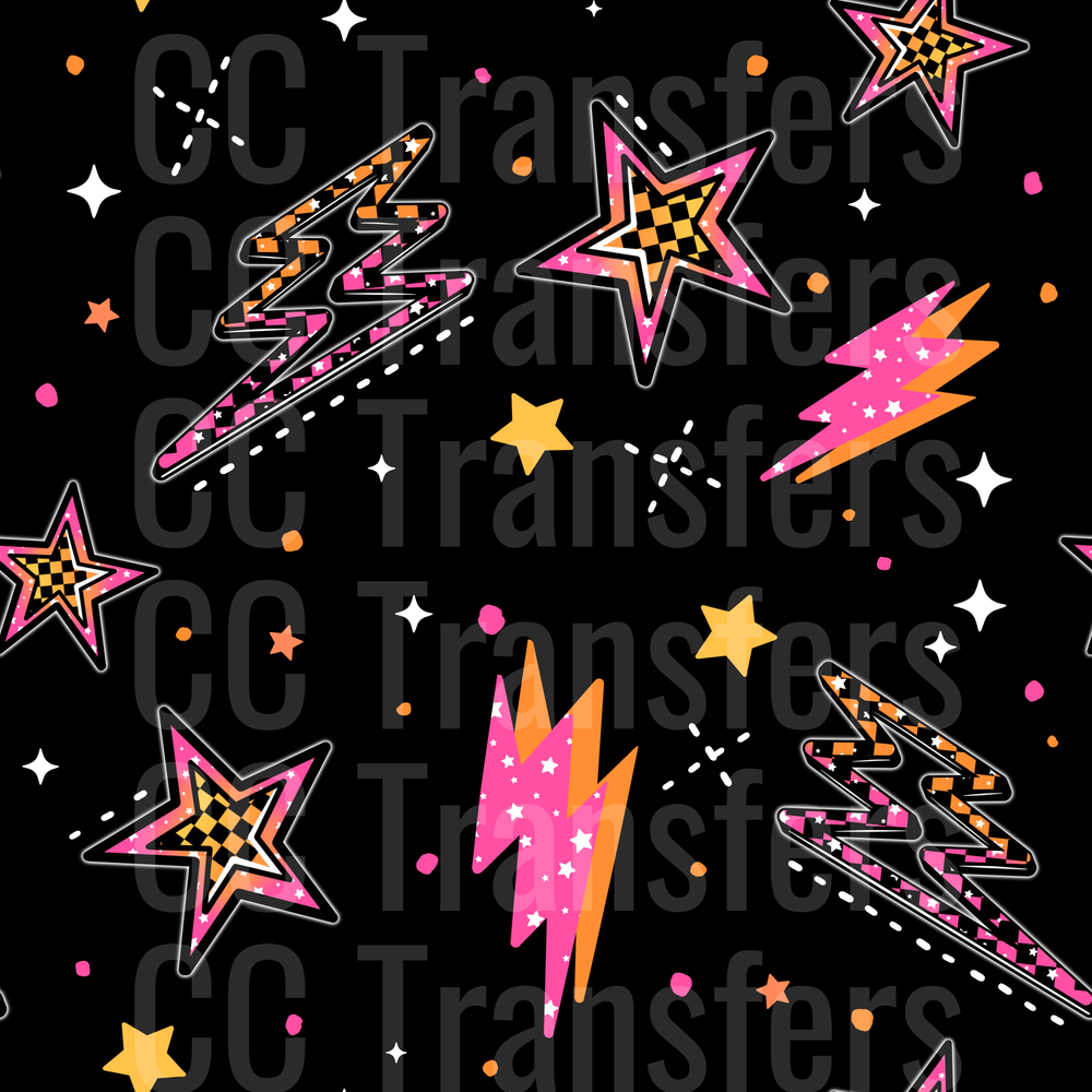 Retro Pink Orange Checkered Stars Lightning Bolts Black (DTF)