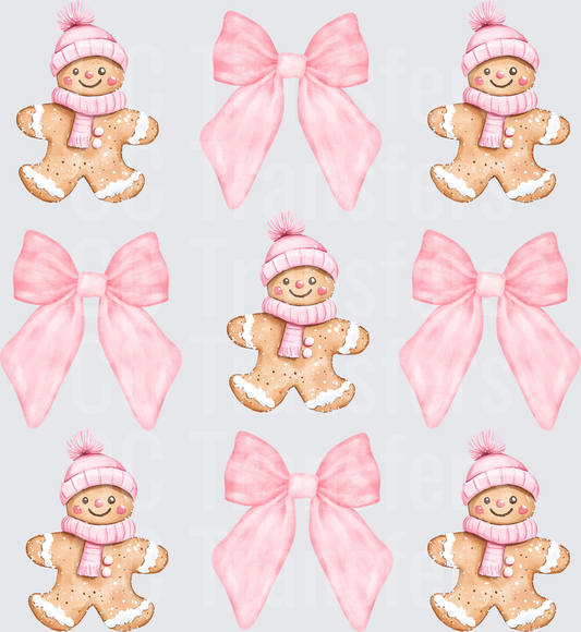 Pink Watercolor Gingerbread Men and Bows Christmas (DTF)