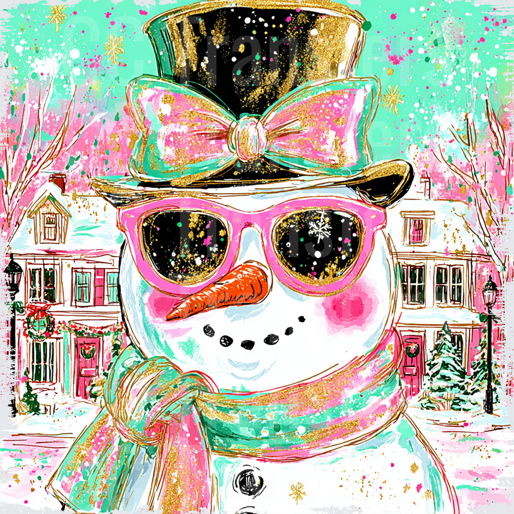 Glam Snowman Pink Sunglasses Top Hat Winter Scene (DTF)