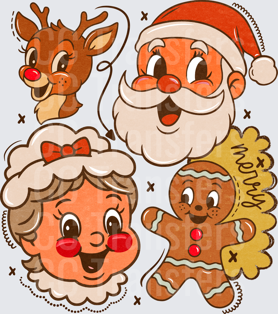 Retro Christmas Santa Mrs Claus Reindeer Gingerbread (DTF)