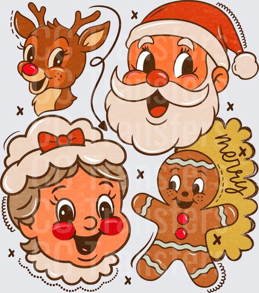 Retro Christmas Santa Mrs Claus Reindeer Gingerbread (DTF)