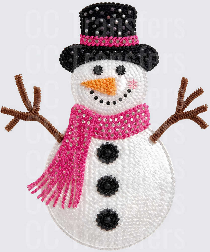Bejeweled Snowman Pink Scarf Black Top Hat (DTF)