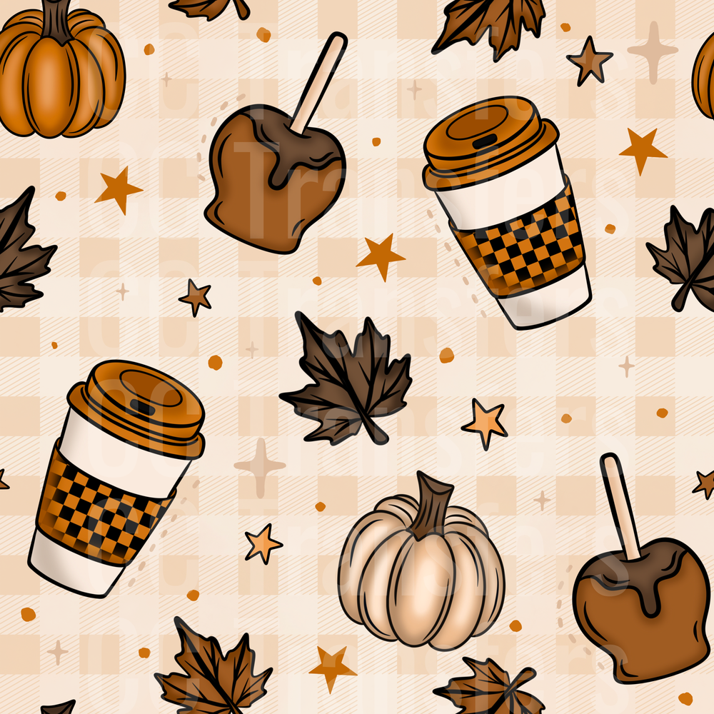 Fall Pumpkins Caramel Apples Coffee Cups Plaid Pattern (DTF)