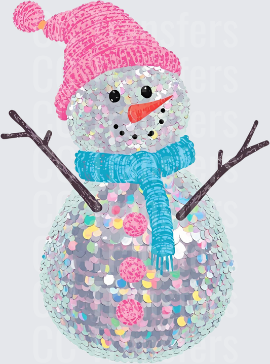 Glitter Sequin Snowman Pink Beanie Blue Scarf (DTF)