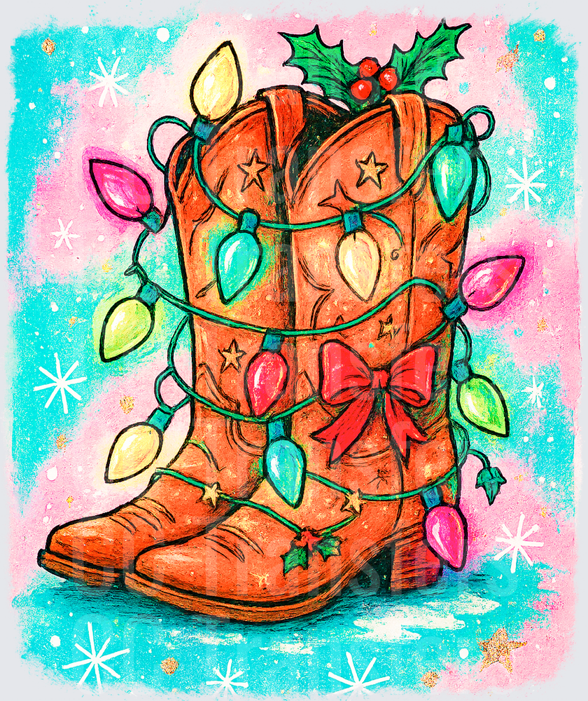 Christmas Cowboy Boots with Colorful Lights and Holly (DTF)